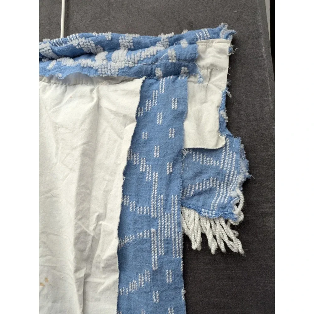 Vtg Bath Curtains Double Wedding Ring Chenille Drapes Blue White Pair Rod Pocket